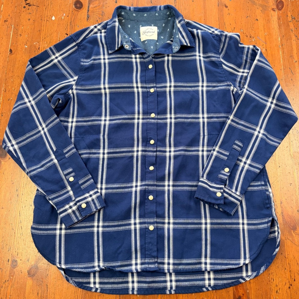 Jachs Girlfriend NY Womens L Blue Plaid Button Down Flannel Shirt Pearl‎ Snap
